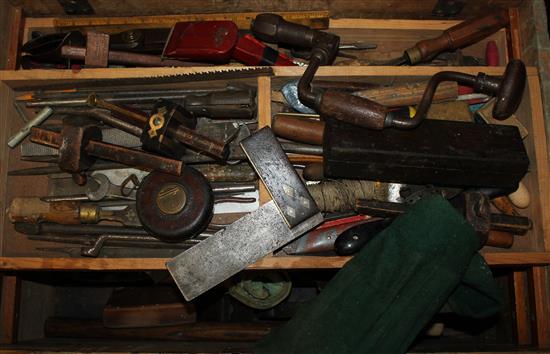 Wooden tool chest of wood working tools etc